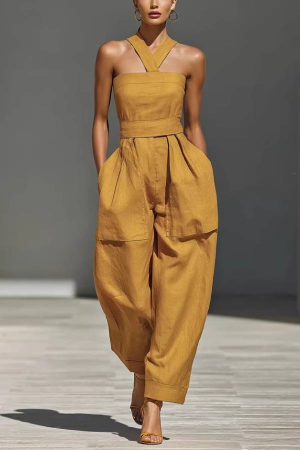 Cross Halter Bandeau Waistband Wide Leg Cargo Jumpsuit