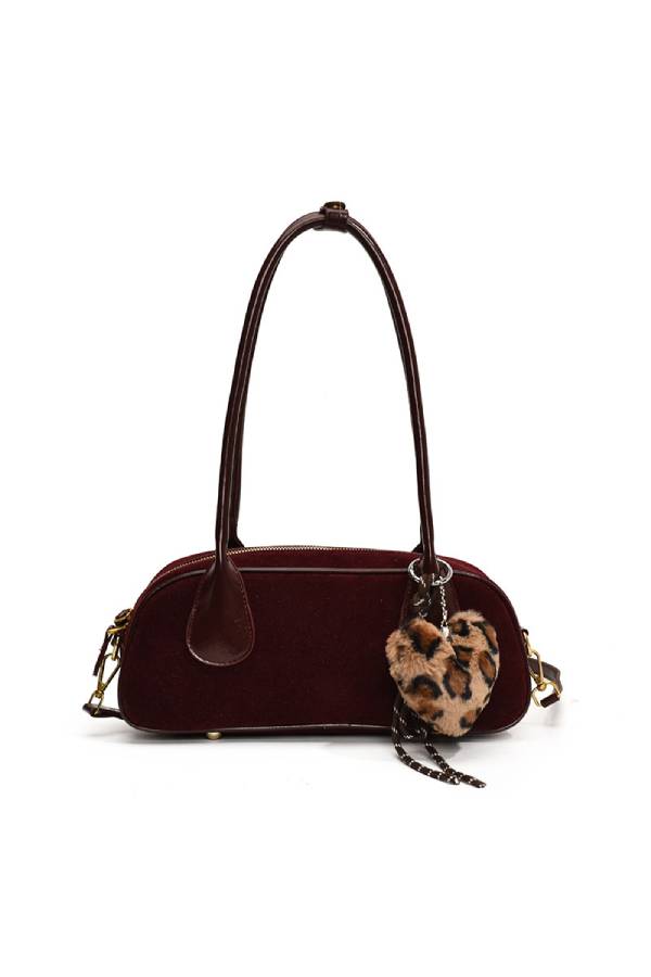 Retro PU frosted shoulder baguette bag (with leopard print charm)
