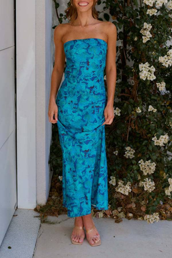 Strapless Satin & Print Fitted Maxi Dress