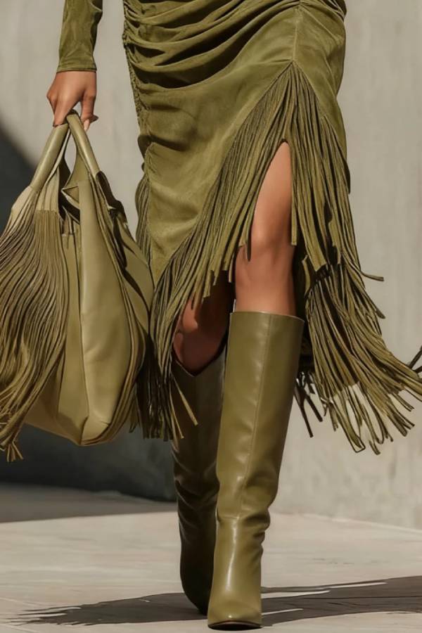 High-Neck Ruched Dress with Tassel Trim