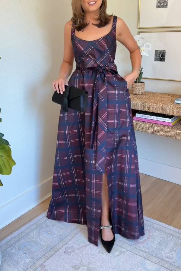 Plaid halter-neck belted slit long dress