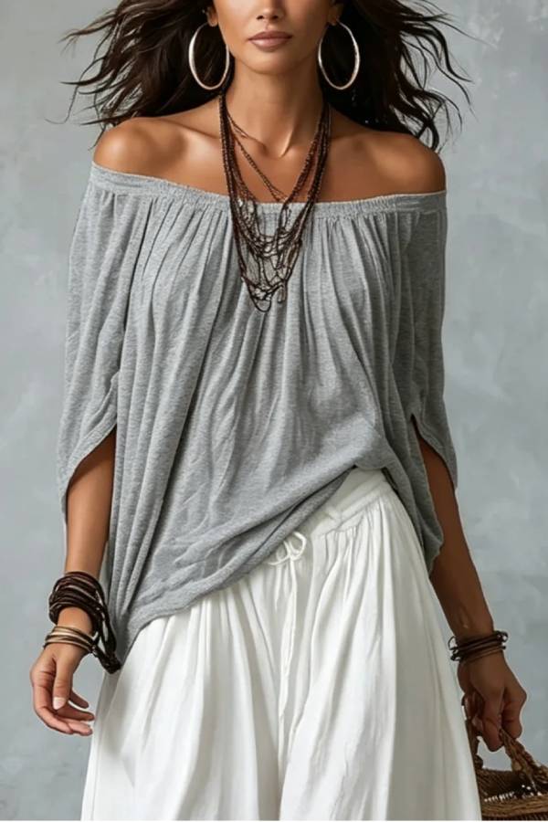 Grey Off-shoulder Top And White Loose-fitting Lantern Pants Suit