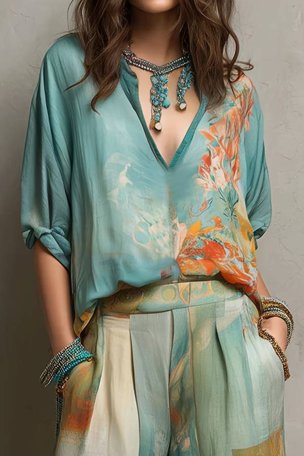 Watercolor Floral Print V-Neck Blouse & High-Waisted Wide-Leg Pants Set