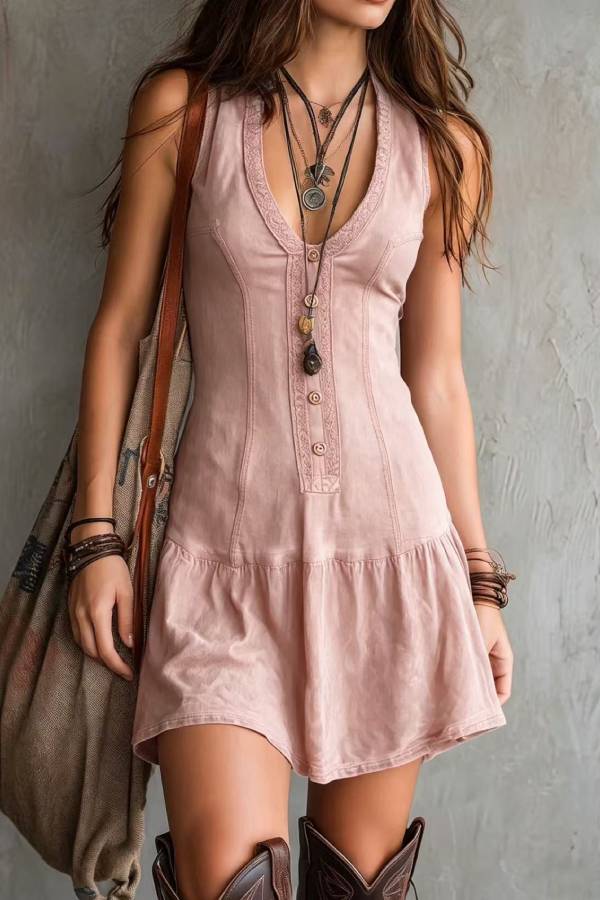 Bohemian Vintage V-Neck Sleeveless Short Dress