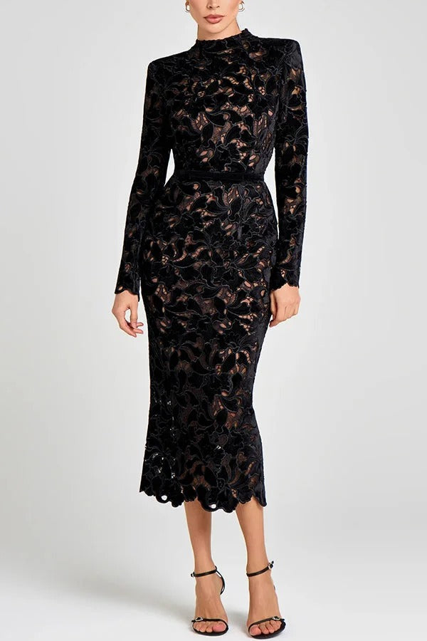 Diane Velvet Embroidered Floral Lace Long Sleeve Belt Scallop Edge Midi Dress