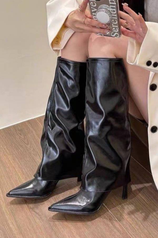 Pointed-toe pleated high-heeled boots