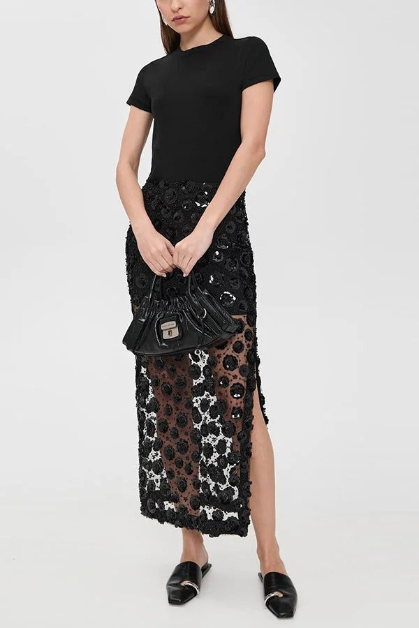 Gorgeous Flower Embellished Sequin Sheer High Rise Slit Midi Skirt