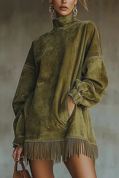 Stylish Suede High-neck Long-sleeved Loose-fitting Pockets Tassel Mini Dress