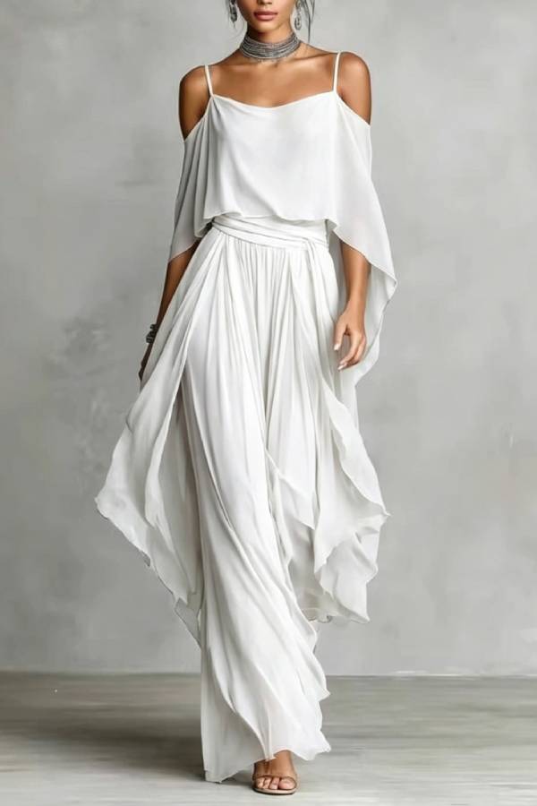 Grey off-shoulder flowy camisole and trousers chiffon set