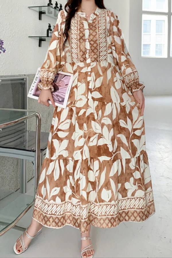 Printed lantern sleeves loose dress