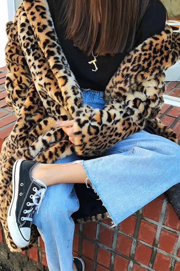 Leopard print plush long coat