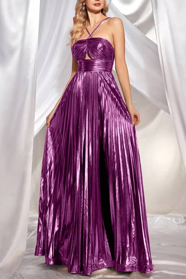 Metallic Cross-Strap Hollow-Out Pleated Slit Dress