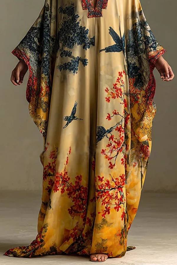 Red Maple Blossom And Bird Art Print Batwing Sleeve Long Robe Dress
