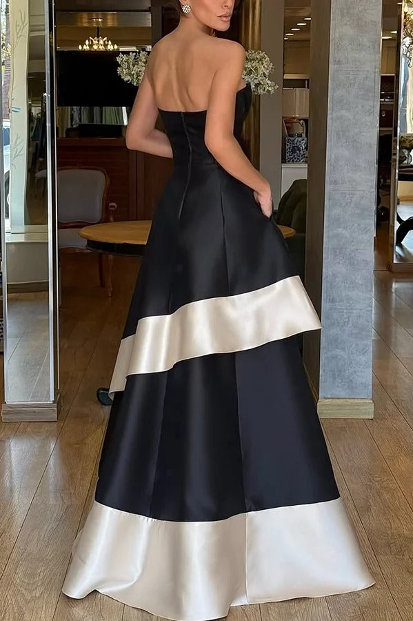 Vivian Satin Contrast Color Sweetheart Bandeau Neck Pocket Layered Maxi Dress