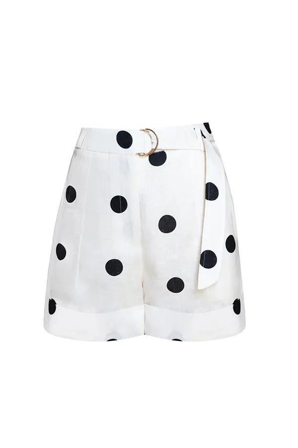 Gabby Linen Blend Polka Dot Tie-up Lapel Halter Vest and Metal Ring Belt Loose Shorts Set