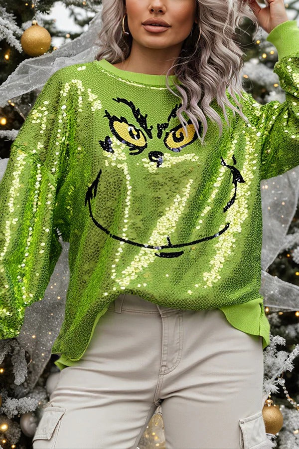 Mr Grinch Sequin Unique Pattern Long Sleeve Loose Sweatshirt