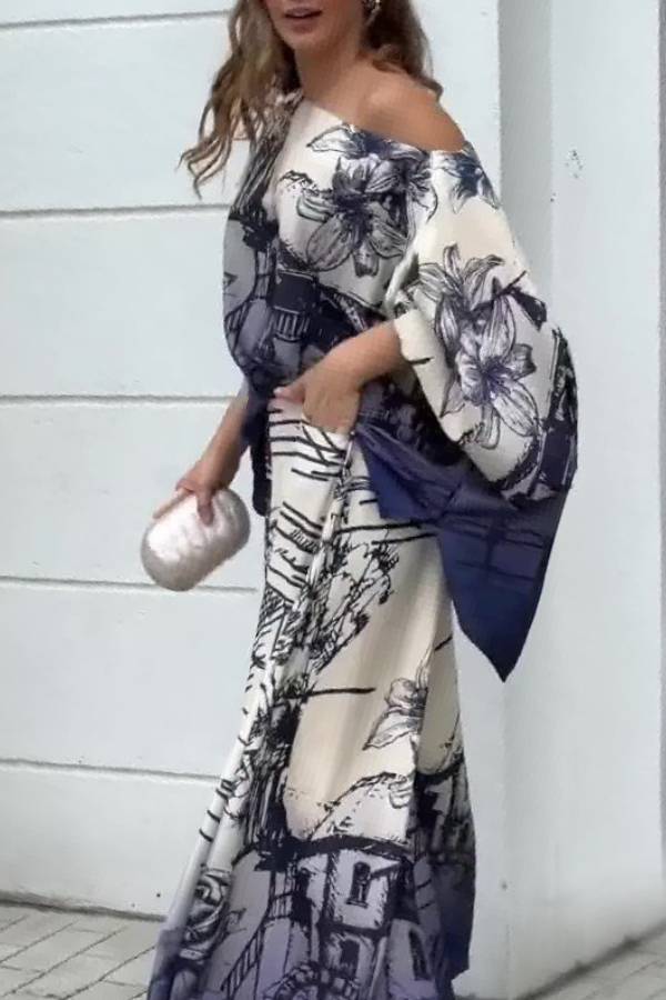 Artistic architectural print off-the-shoulder wide-sleeved wide-leg pants suit