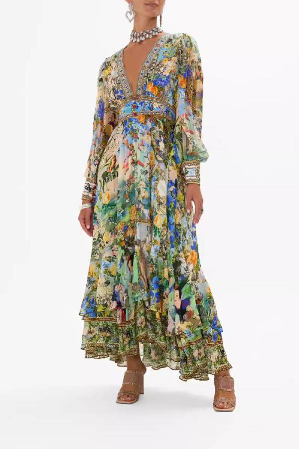 Art Print V-Neck Waisted Palace Style Maxi Dress