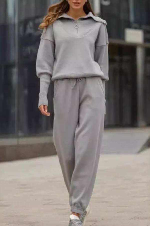 Half-open collar zipper lazy style knitted suit