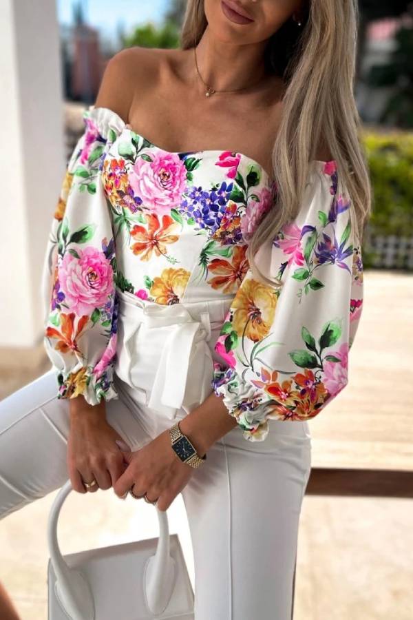 Off-shoulder puff sleeve printed waist-cinching top