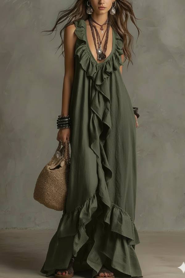 Bohemian Deep V-Neck Ruffle Sleeveless Maxi Dress
