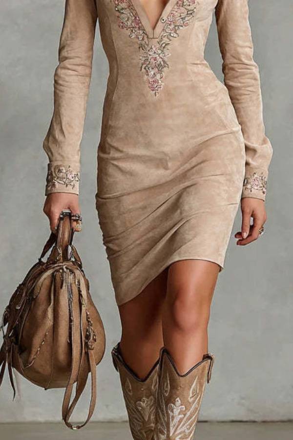 Shirt collar floral embroidery deep V-neck fitted dress