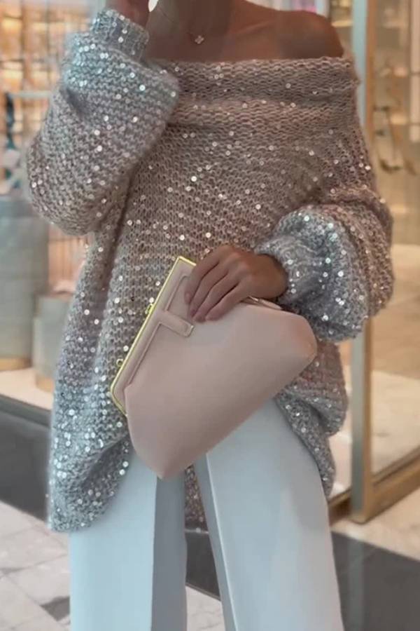 Sequined off-shoulder loose knit sweater