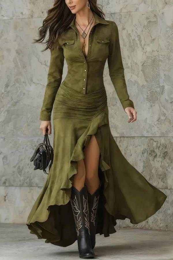 Retro irregular dress with gathered collar
