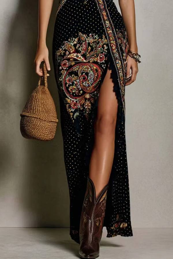 Bohemian-Style Printed Dress with Deep V-Neck and High Slit