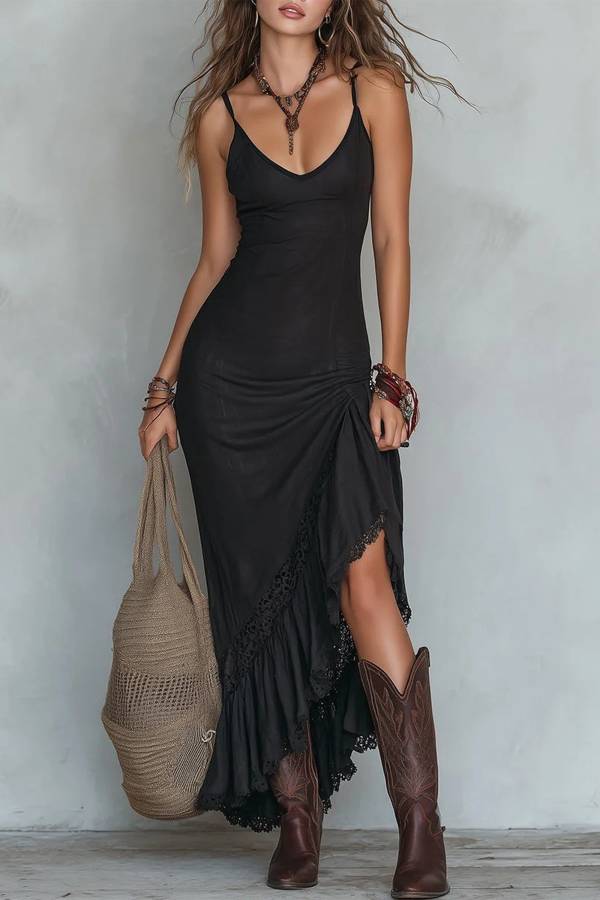 Boho V-neck Ruched Lace Asymmetric Slit Maxi Dress