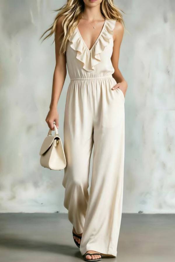 Ruffle V-neck Elastic Waist Sleeveless Wide Leg Jumpsuit