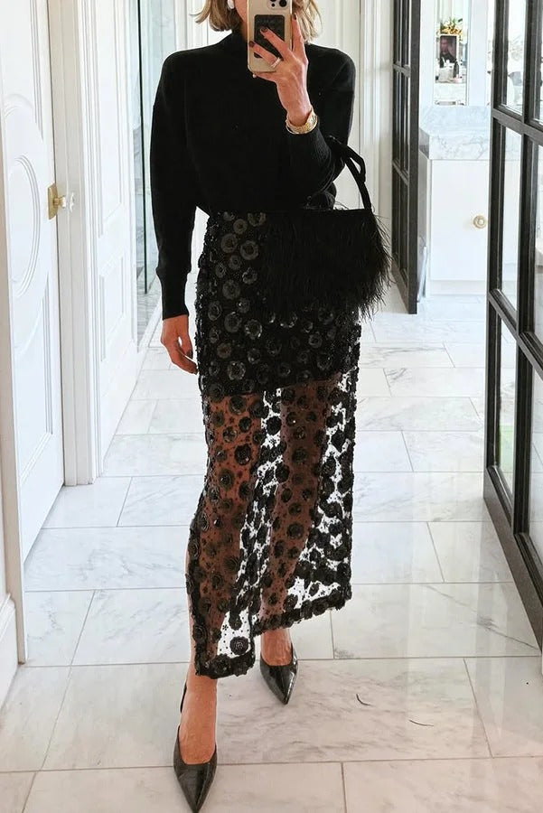 Gorgeous Flower Embellished Sequin Sheer High Rise Slit Midi Skirt