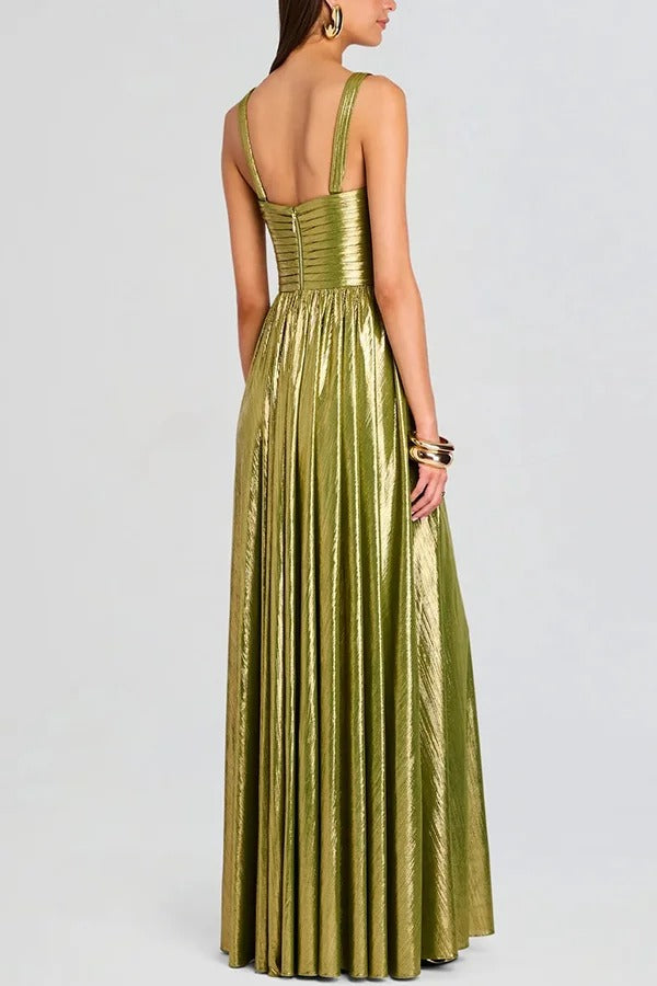 Artistic Quality Metallic Pleated Fabric Removable Straps Slit Maxi Dress