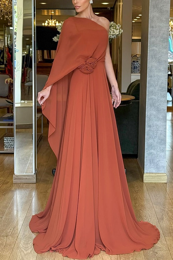 Iriena Chiffon One Shoulder Rose Decoration Waist Formal Maxi Dress