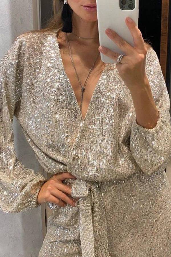 Sequined deep V-neck tie-waist jumpsuit