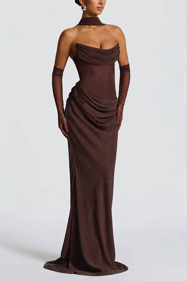 Liora Ruched Cowl Neck Sheer Mesh Waist Off Shoulder Scarf Maxi Dress