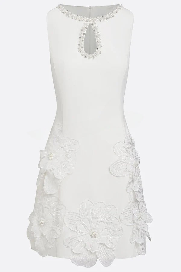 Delicate Silhouette Pearl Trim Cutout Neck Sleeveless 3D Florals Hem Mini Dress