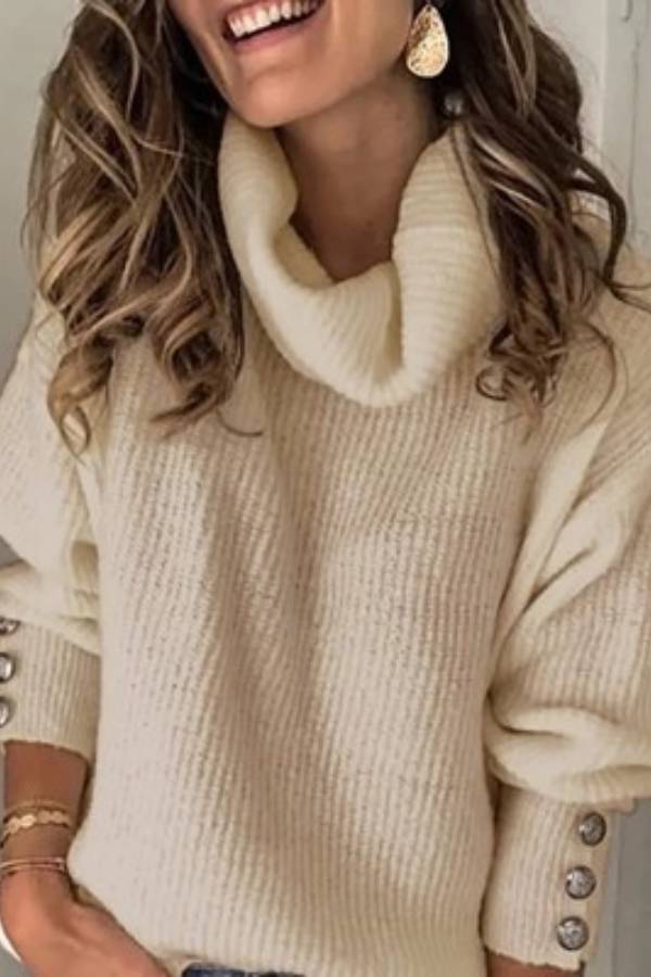 High-neck button-decorated loose knit sweater
