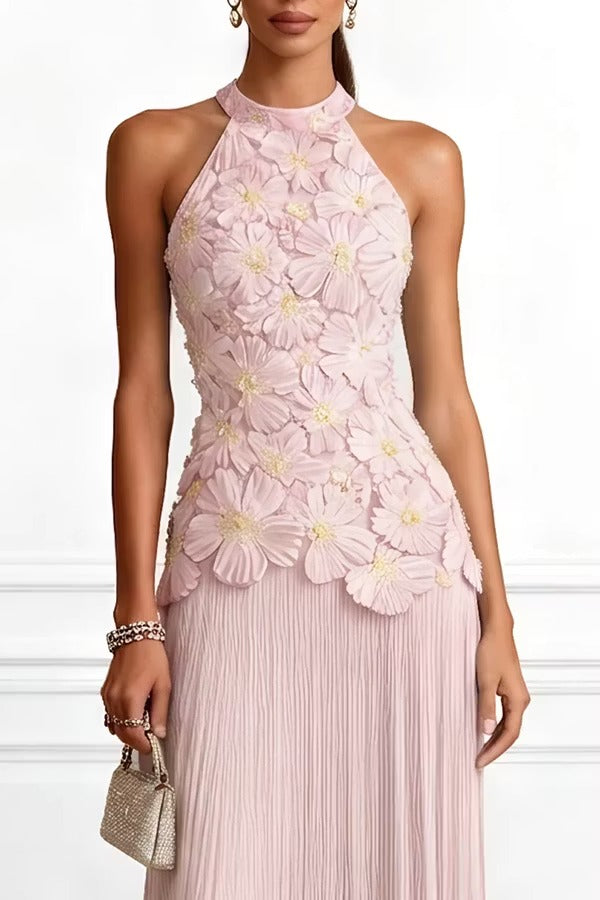 Emilie 3D Floral Embroidery Pleated Chiffon Hem Halter Neck Sleeveless Maxi Dress