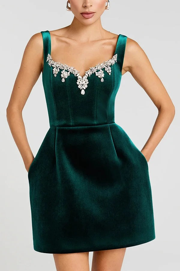 Blair Luxurious Velvet Jewel-encrusted Sweetheart Neck Pocket Tulip Stretch Mini Dress