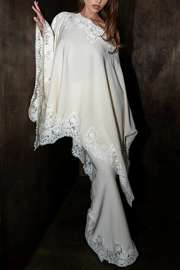 Like A Swan Satin Lace Trim Off Shoulder Wide Sleeve Cape Top