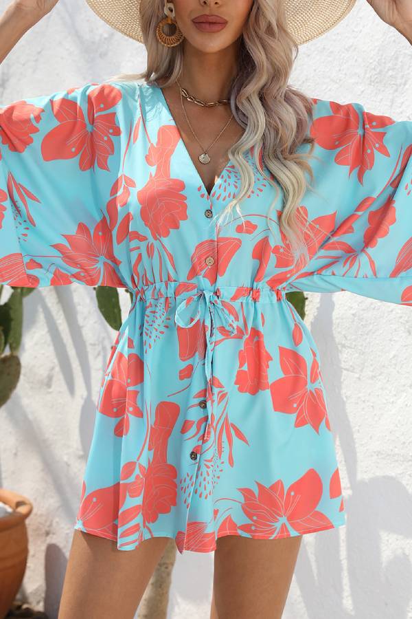 Resort-style printed batwing sleeve tie-up jumpsuit