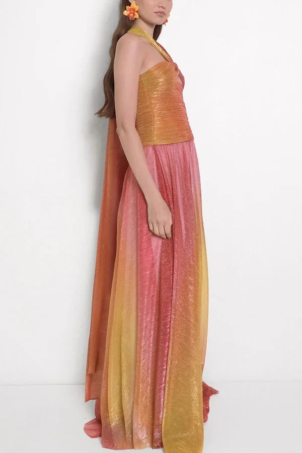 Vireya Metallic Fabric Gradient Print Ruched Cutout Halter Maxi Dress