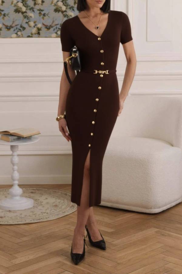 V-neck single-breasted slim-fit knit slit dress (belt not included)