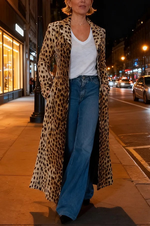 Leopard Print Long Sleeve Pocket Casual Maxi Trench Coat