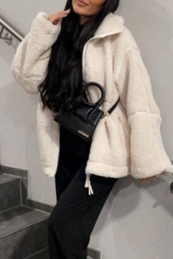 Stand-up collar zip-up lamb wool oversized coat