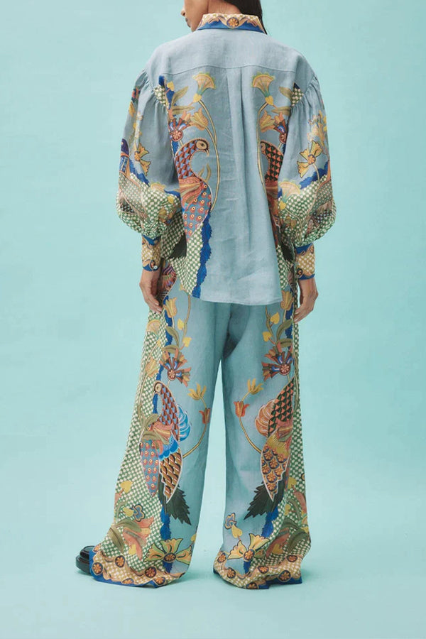 Smyrna Unique Heaven Bird Print Elastic Waist Pocketed Wide Leg Pants