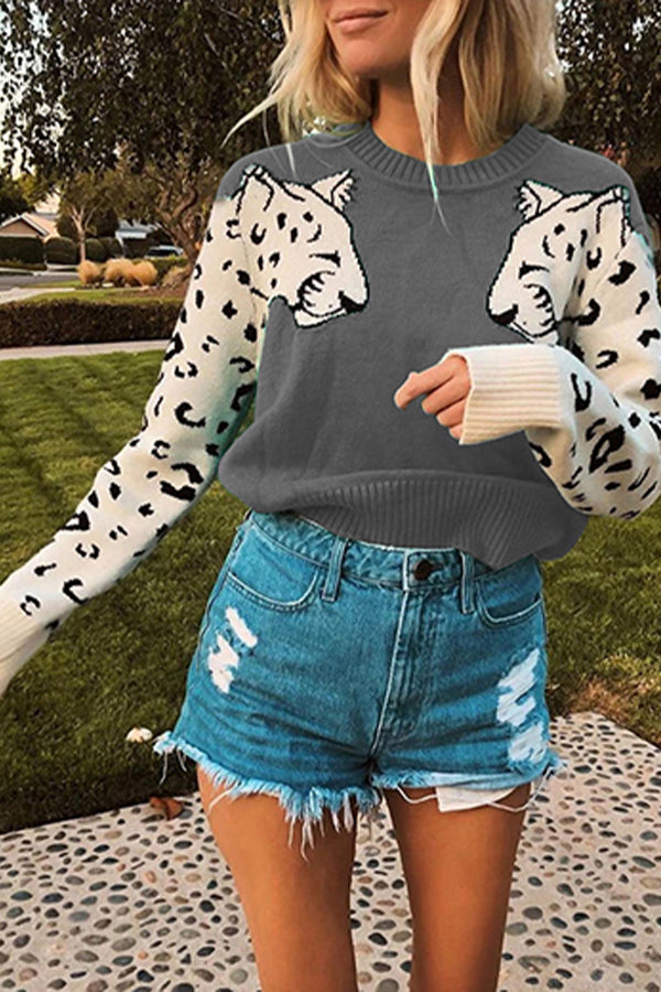 Women’s Casual Leopard Print Knitted Pullover Sweaters Long Sleeve Crew Neck Jumper Tops