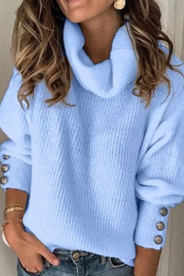 High-neck button-decorated loose knit sweater