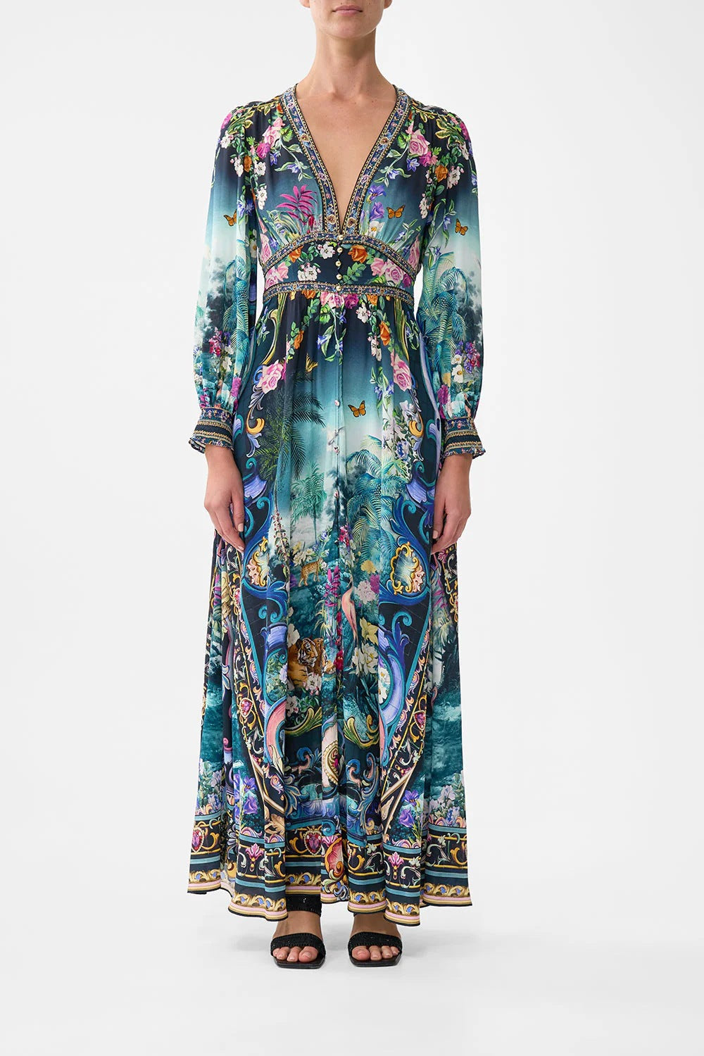 Art Print V-Neck Waisted Palace Style Maxi Dress